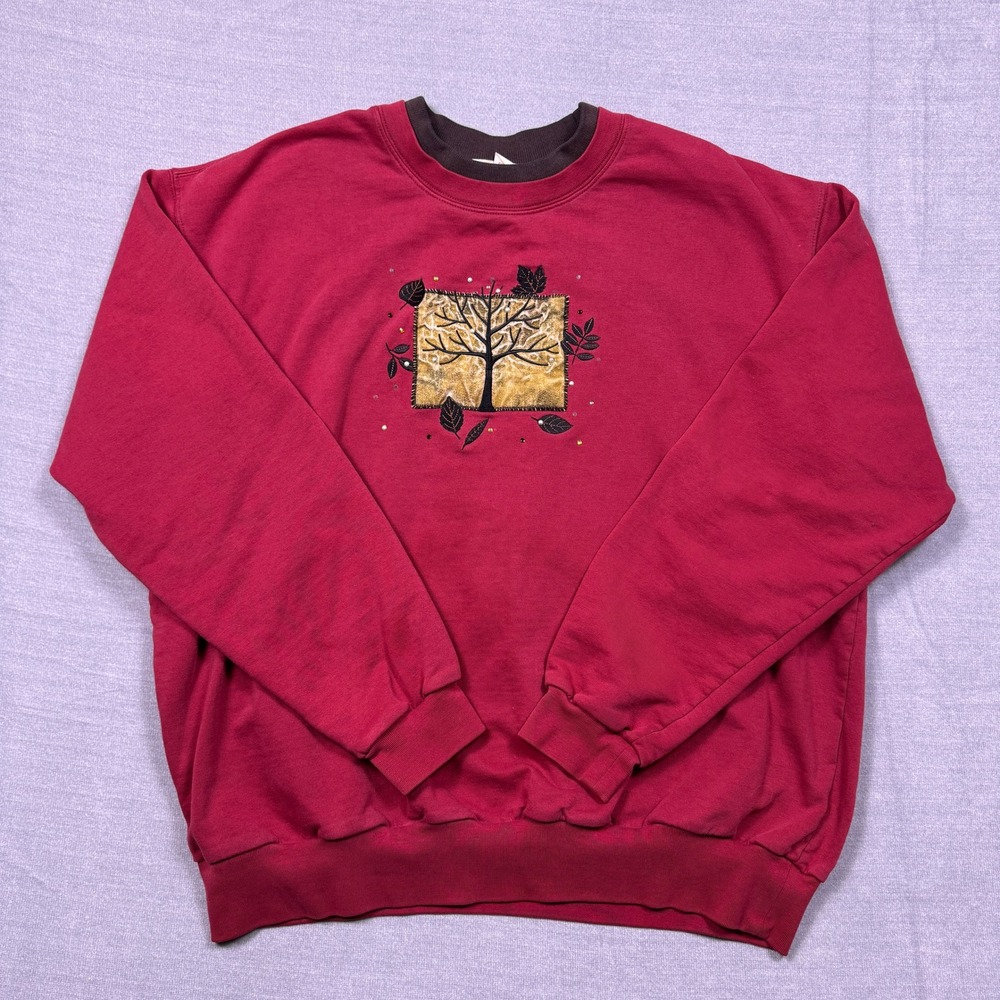 TOP STITCH by Morning Sun Womens 1XL Burgundy Tree Leaf Embroidered Sweatshirt‎